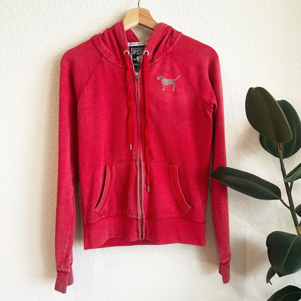 VTG Pink Victoria's Secret Zip Up Hoodie Medium Logo Y2K Bling Rhinestone - Picture 2 of 9